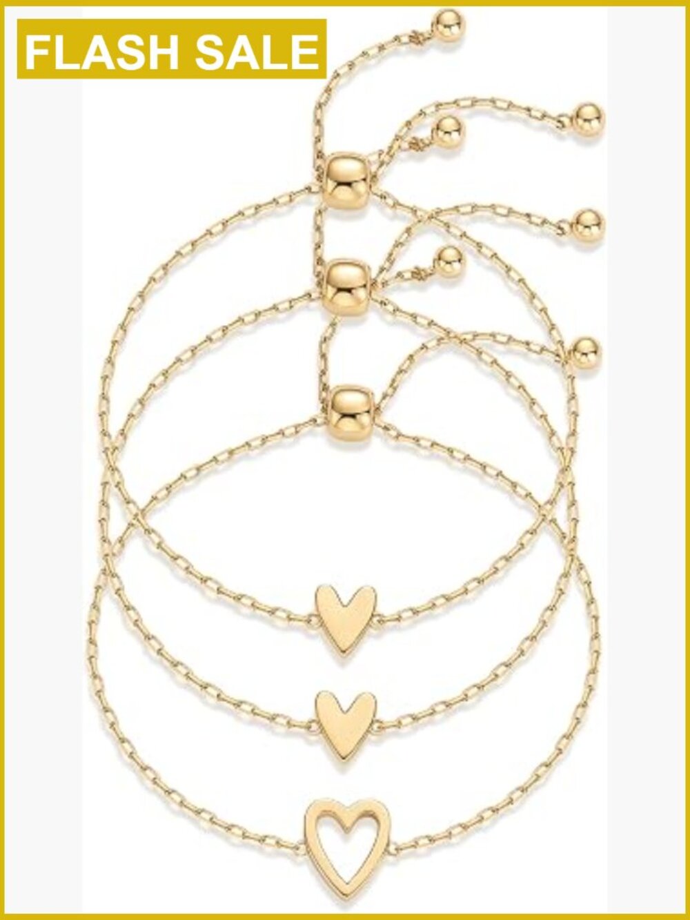 14K Gold Plated Heart Charms Bracelet Set, Adjustable Love & Friendship